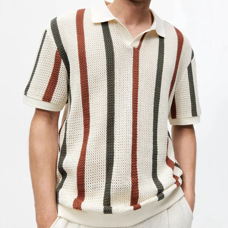 Open-Knit Stripe Polo in Apricot — on model