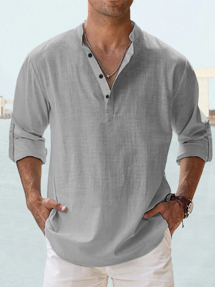 Cotton Band-Collar Popover Shirt