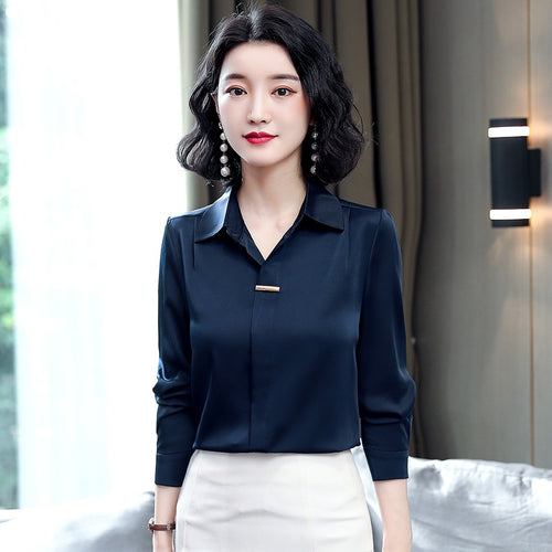 Bar-Accent Satin Blouse in Navy — on model