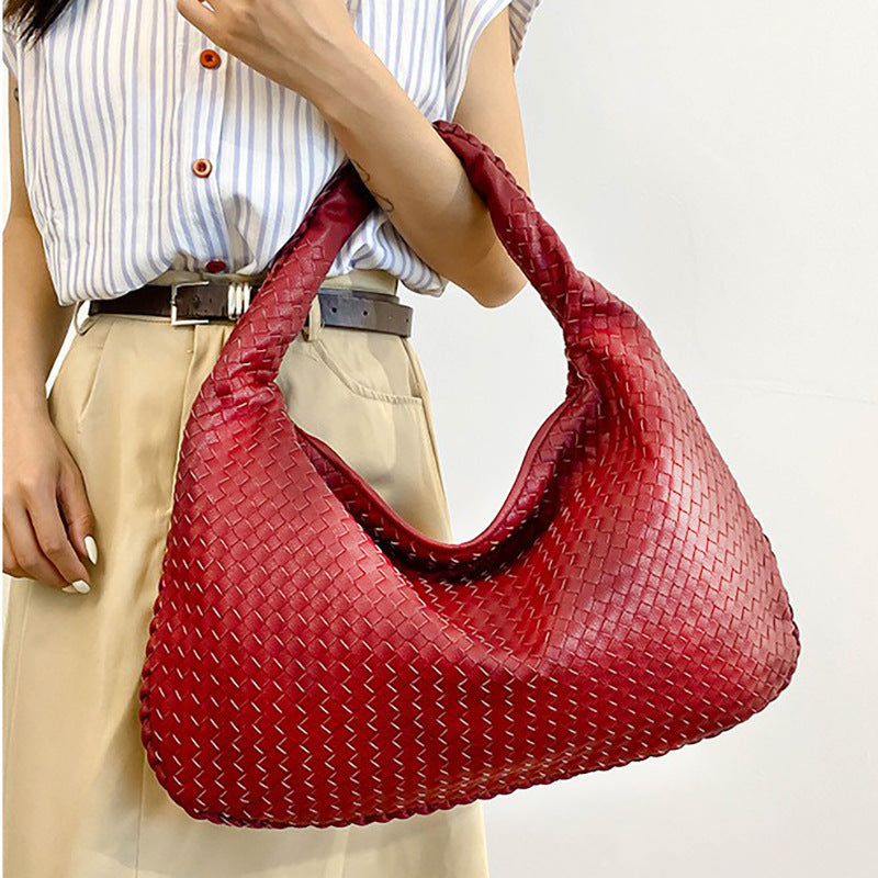 Woven Crescent Hobo Bag in Wine — on model