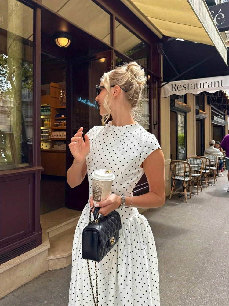 Cap-Sleeve Polka Dot Maxi Dress — on model