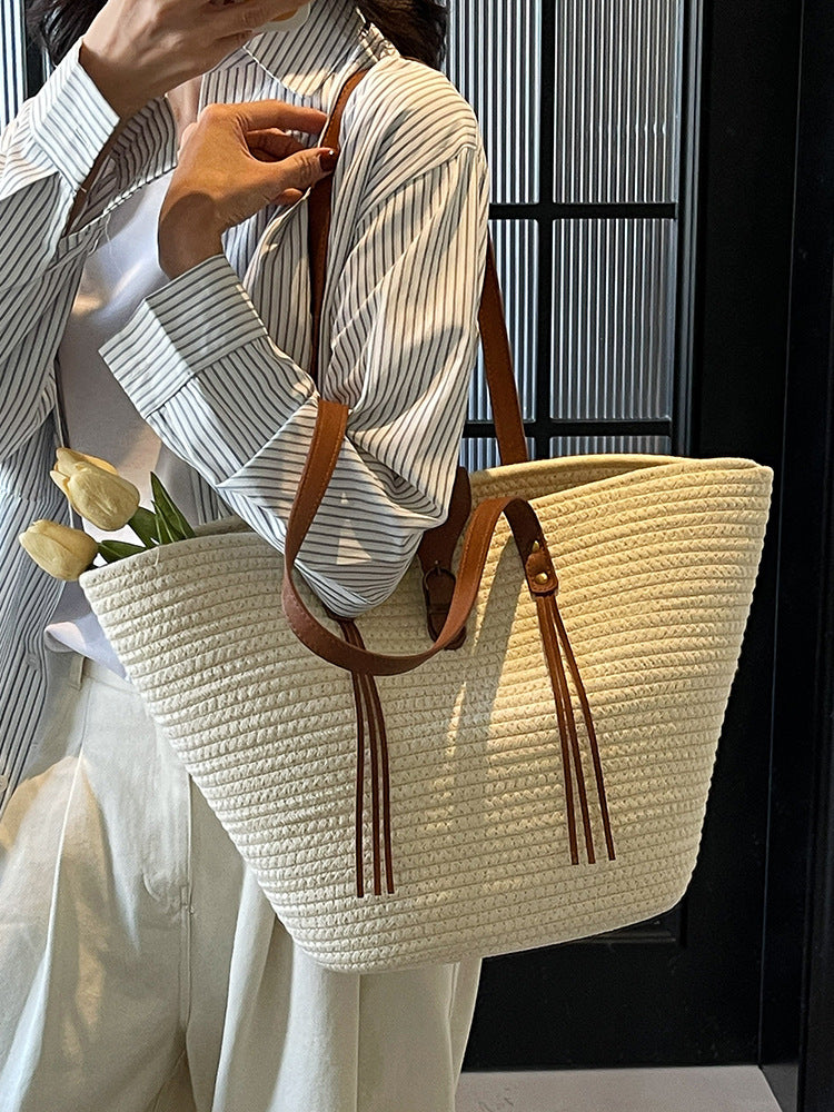 Cotton Braided Market Tote in Ivory — on model
