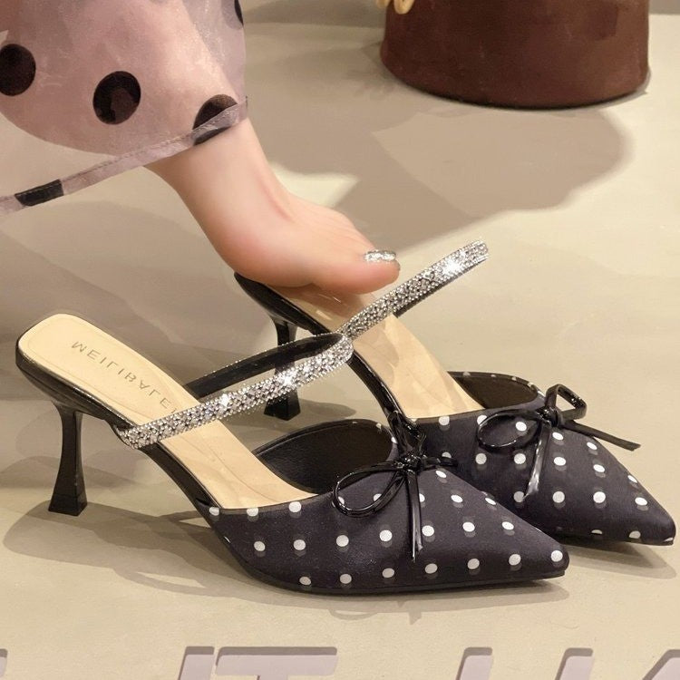 Polka-Dot Rhinestone-Strap Mules in Black/White — on model