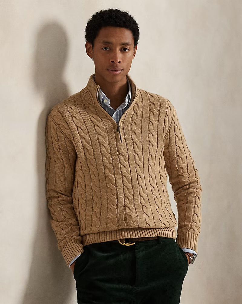 Cotton Cable-Knit Half-Zip Sweater in Camel — on model