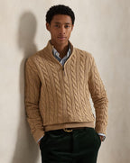 Cotton Cable-Knit Half-Zip Sweater in Camel — on model