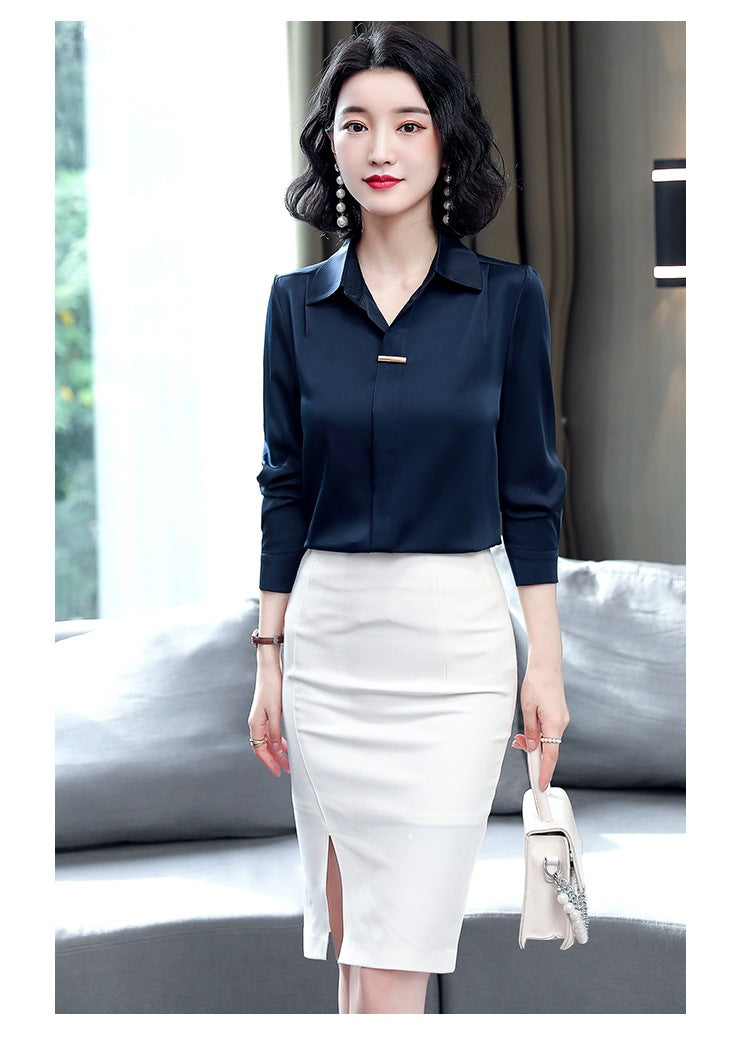 Bar-Accent Satin Blouse in Navy — on model