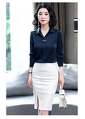 Bar-Accent Satin Blouse in Navy — on model