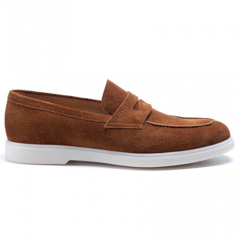 White-Sole Suede Penny Loafers in Tobacco — still life