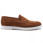 White-Sole Suede Penny Loafers in Tobacco — still life