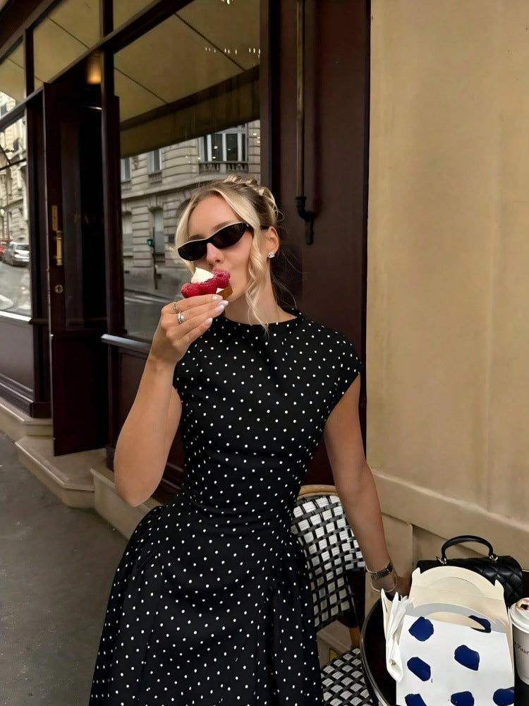 Cap-Sleeve Polka Dot Maxi Dress — on model