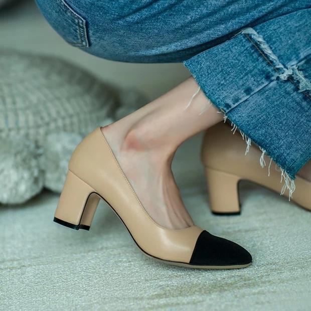 Block-Heel Cap-Toe Slingbacks — on model