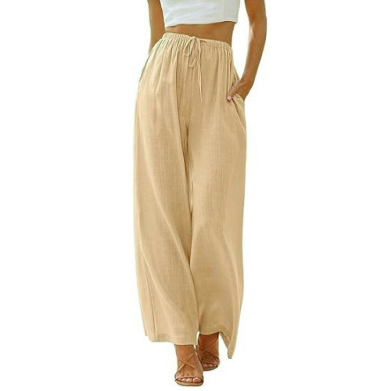 Linen-Blend Palazzo Pants in Camel — on model