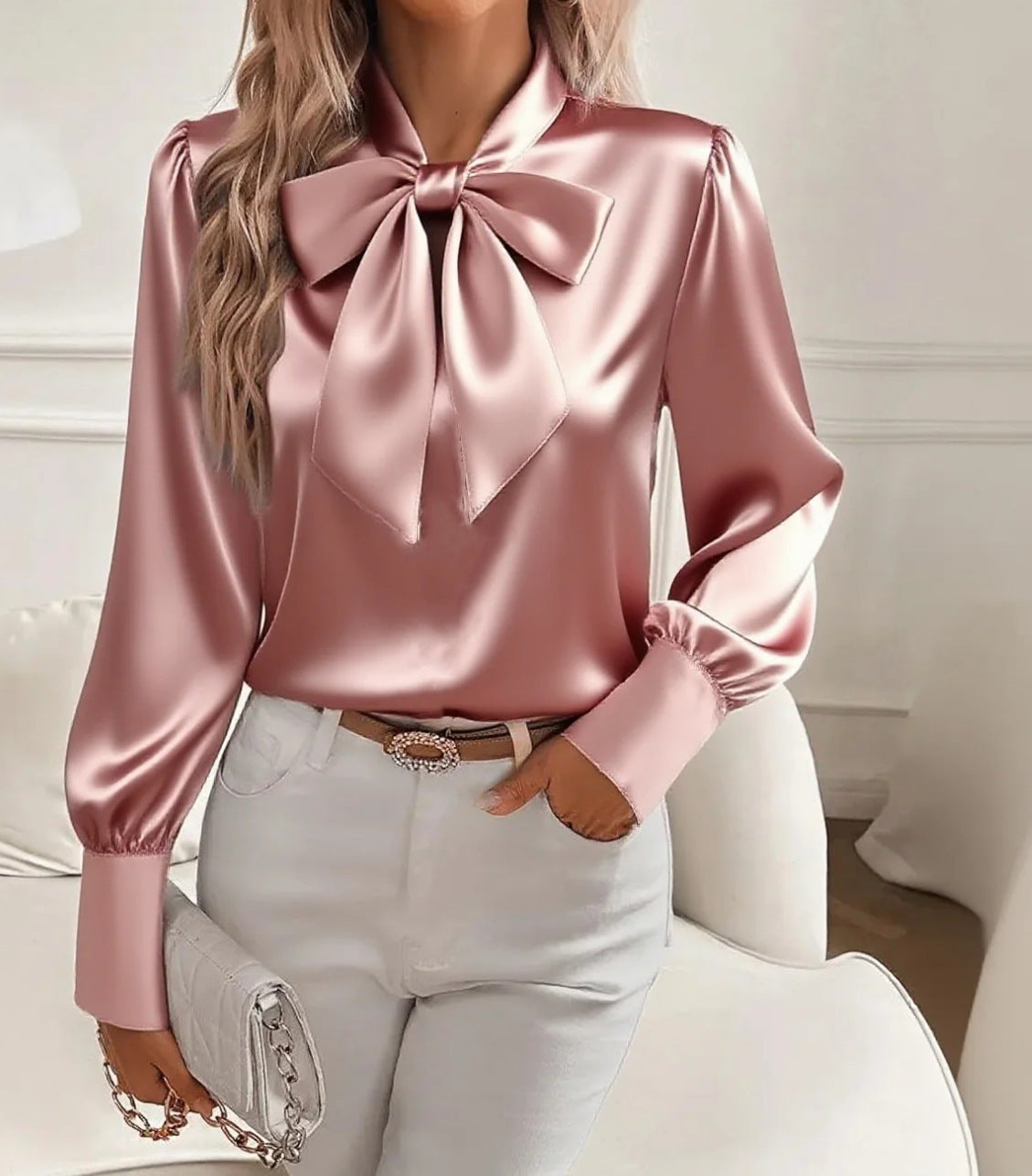 Satin Bow-Neck Blouse in Pink — on model