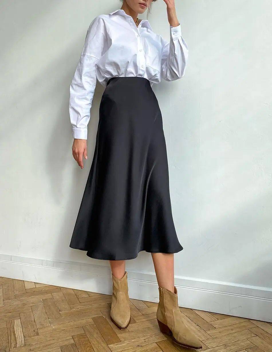 Satin Midi Slip Skirt — on model