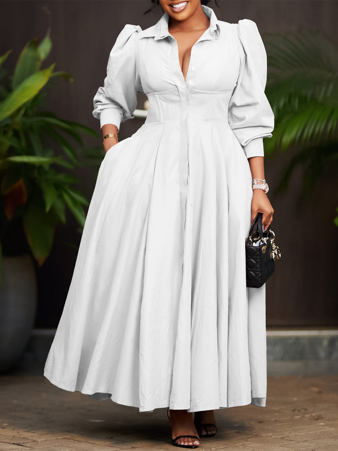 Puff-Sleeve Shirt Dress in White — on model