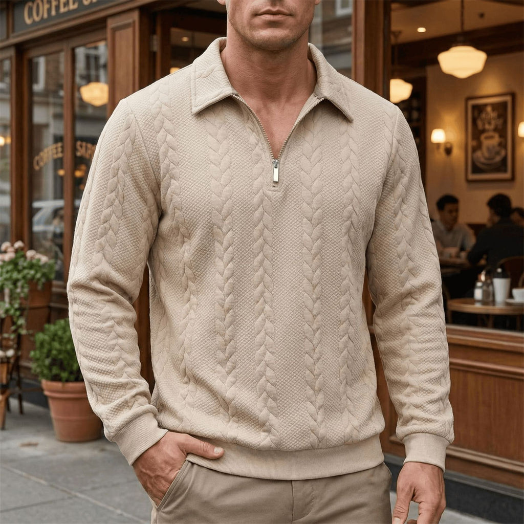 Textured Quarter-Zip Sweater in Khaki — on model