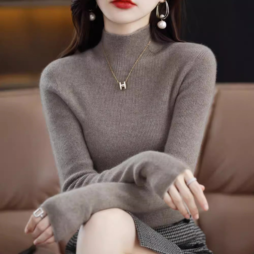 Seamless Half-Turtleneck Wool Sweater Women Slim-Fit Knitted Pullover