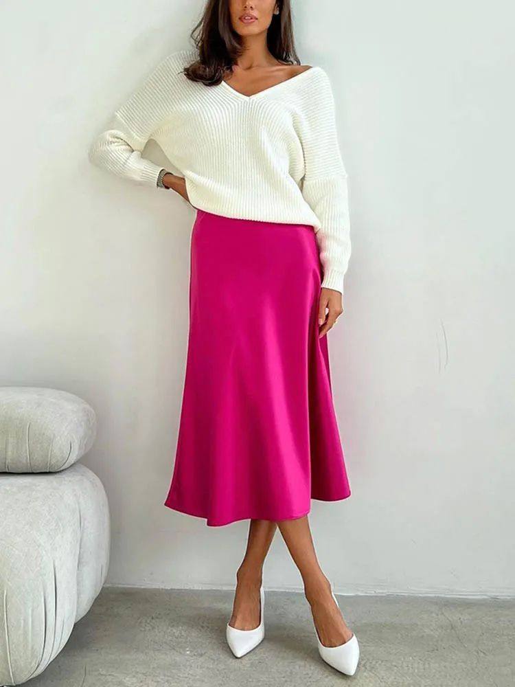 Satin Midi Slip Skirt in Pink — on model