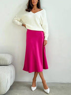 Satin Midi Slip Skirt in Pink — on model