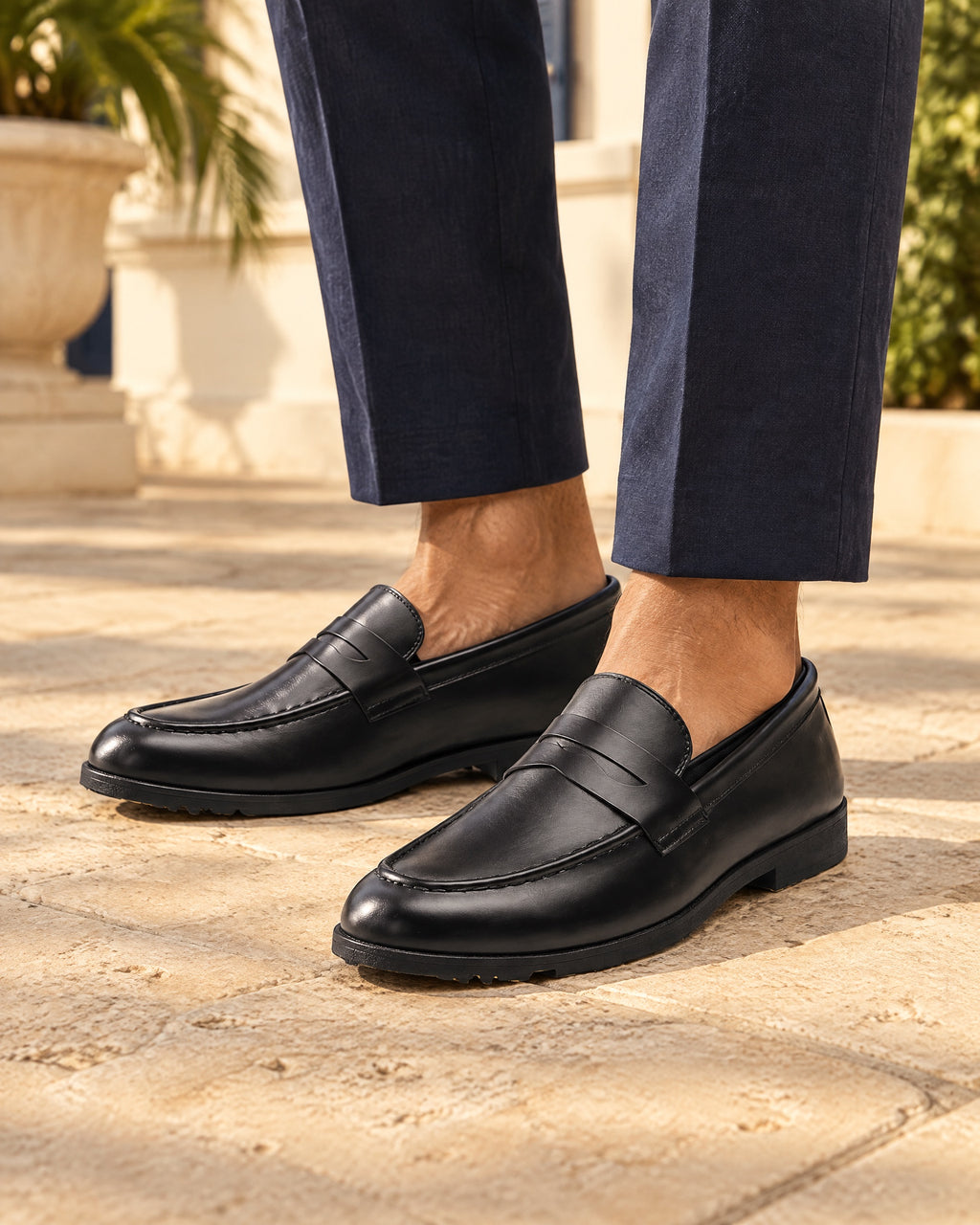 Two-Finish Penny Loafers in Black — on model