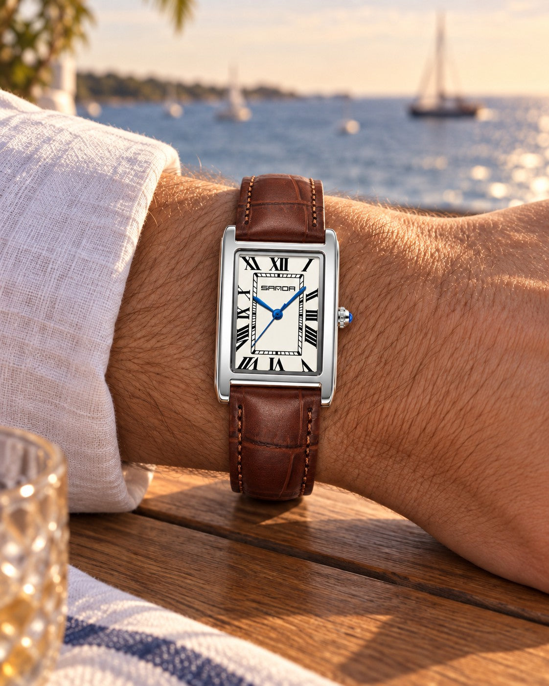 Rectangular Roman Numeral Watch in Brown/Silver Men's — on model