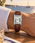 Rectangular Roman Numeral Watch in Brown/Silver Men's — on model