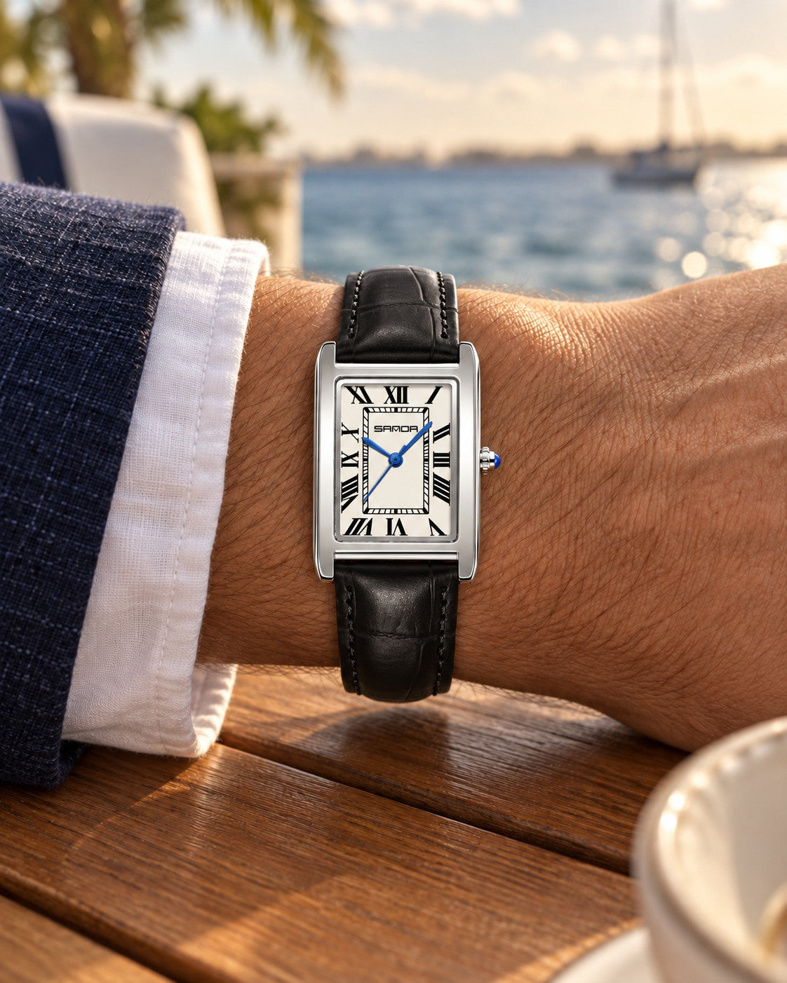 Rectangular Roman Numeral Watch in Black/Silver Men's — on model
