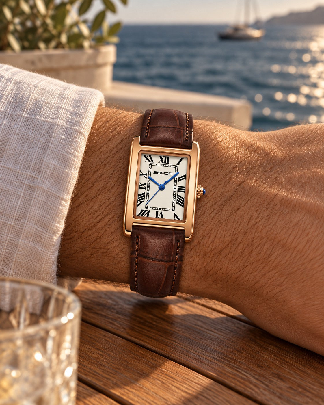Rectangular Roman Numeral Watch in Brown/Rose Gold Men's — on model