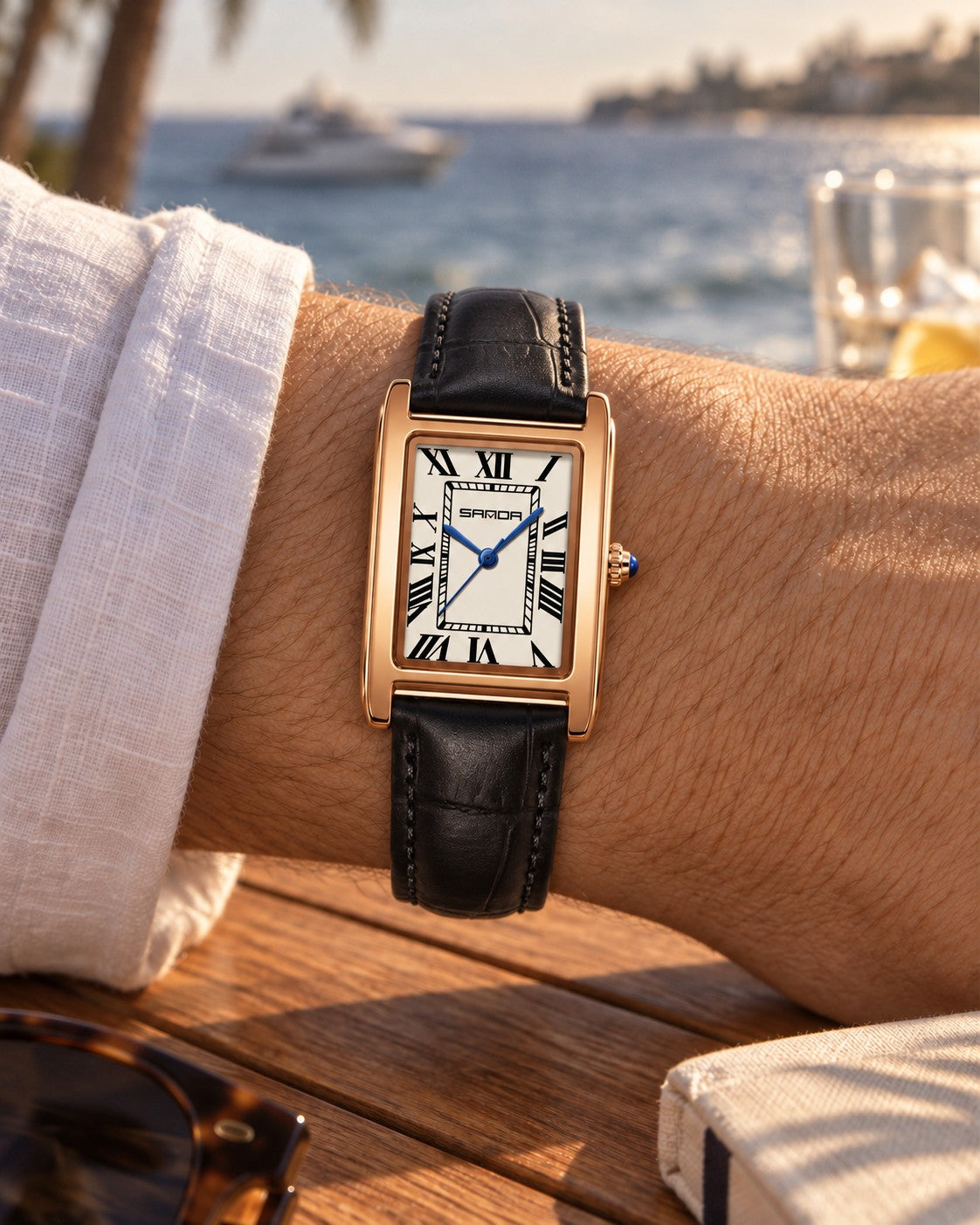 Rectangular Roman Numeral Watch in Black/Rose Gold Men's — on model