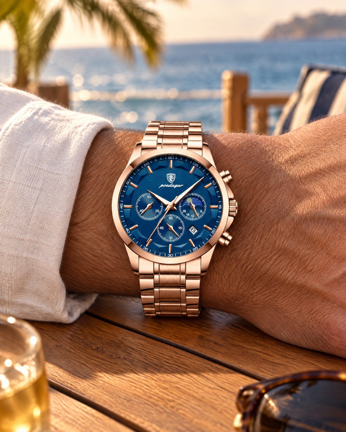 Multi-Dial Chronograph Watch in Rose Gold/Blue — on model