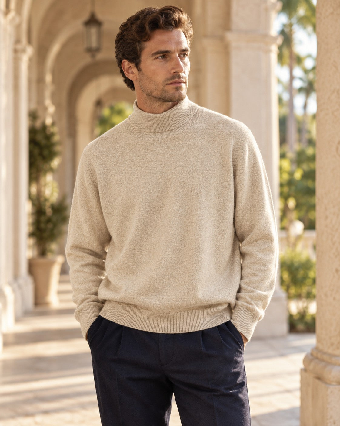 Pure Wool Mock-Neck Sweater in Cream — on model