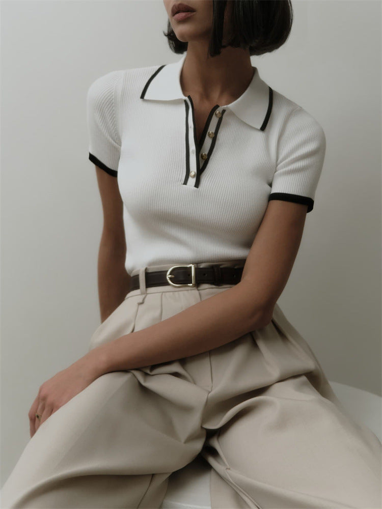 Contrast-Trim Knit Polo in White — on model