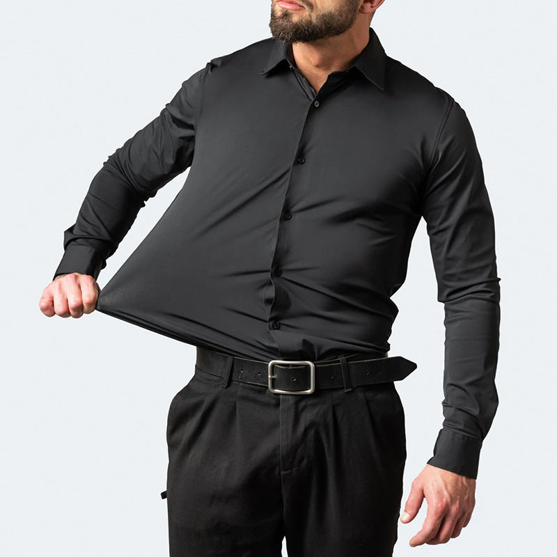 Stretch Dress Shirt in Black — on model