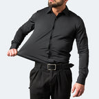 Stretch Dress Shirt in Black — on model