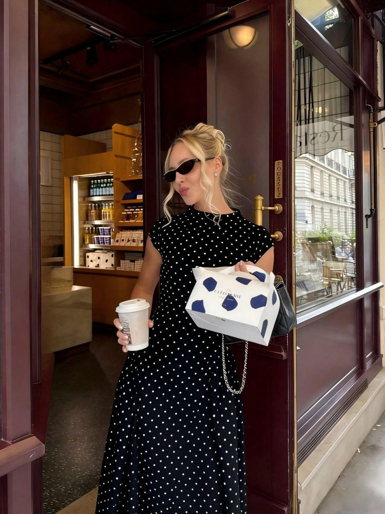 Cap-Sleeve Polka Dot Maxi Dress — on model