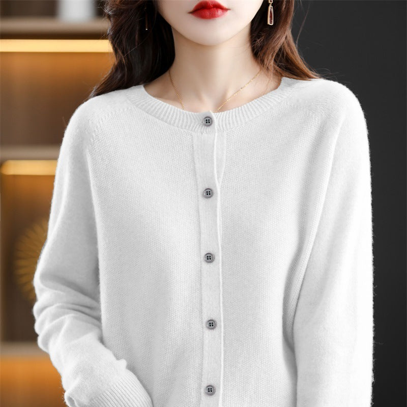 Crew-Neck Wool Cardigan in White — on model