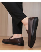 Plain-Vamp Leather Loafers in Brown — on model