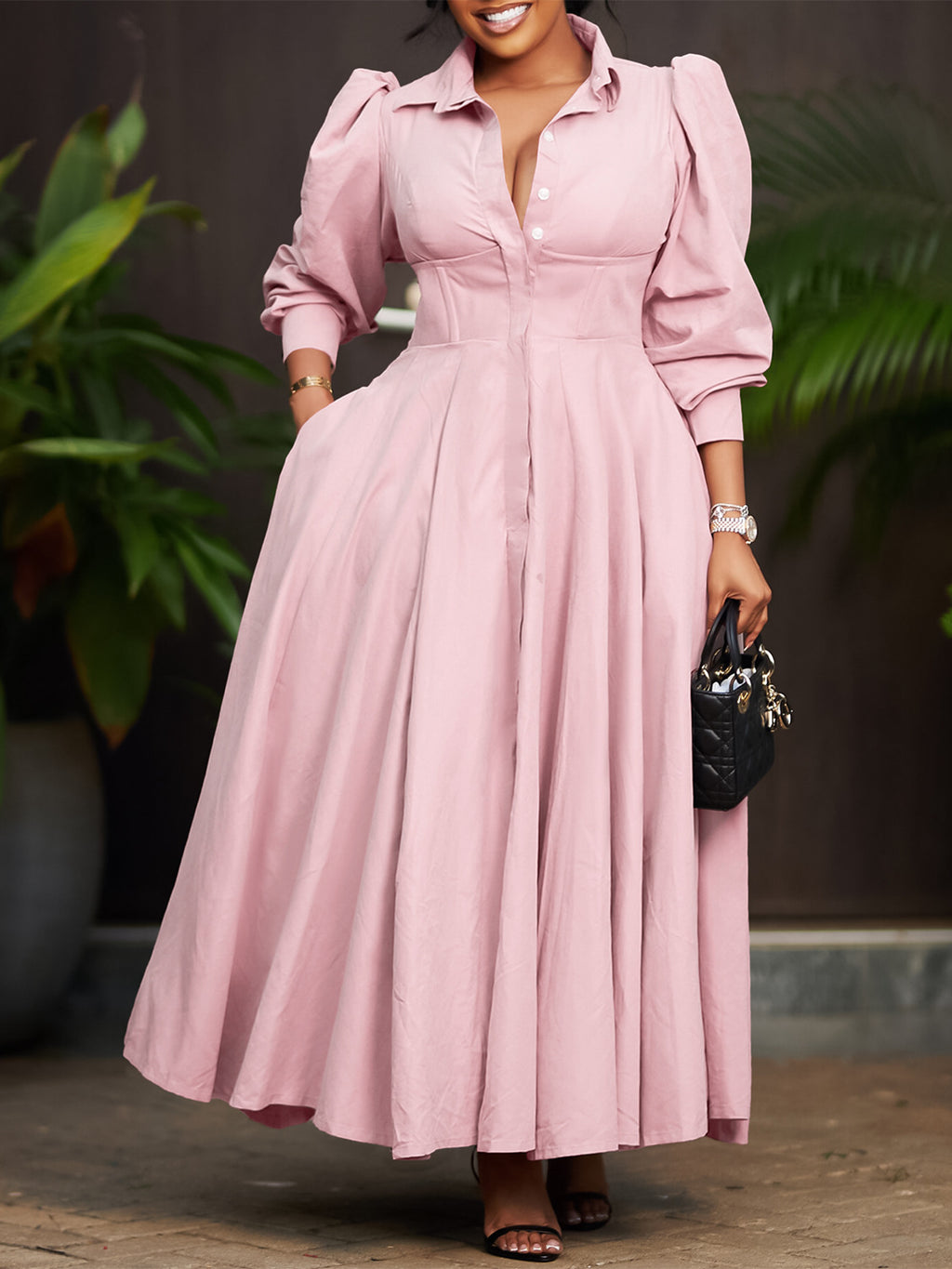 Puff-Sleeve Shirt Dress