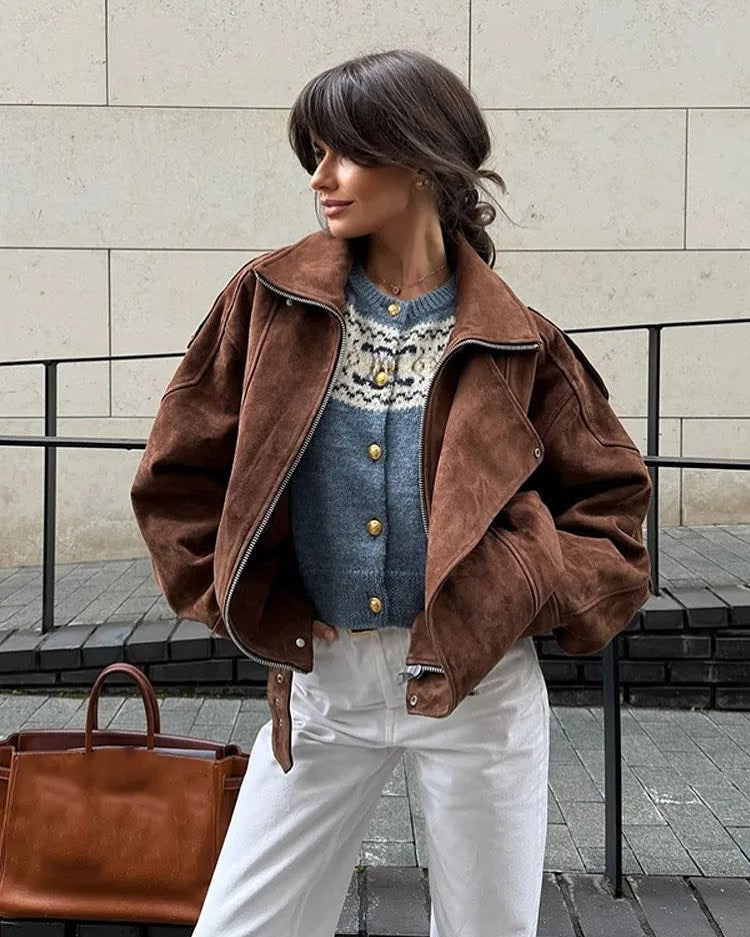 Storm-Collar Bomber Jacket in Chocolate — on model