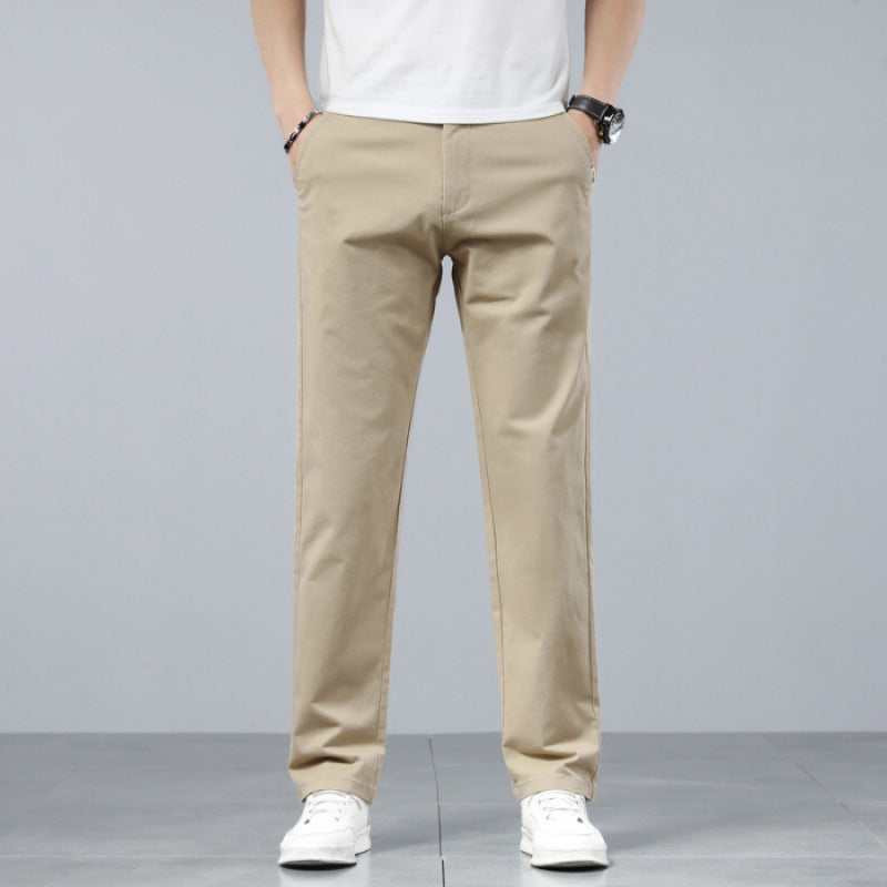Straight-Leg Cotton Trousers in Khaki — on model