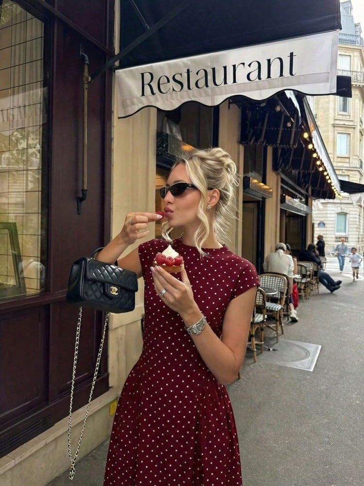 Cap-Sleeve Polka Dot Maxi Dress — on model