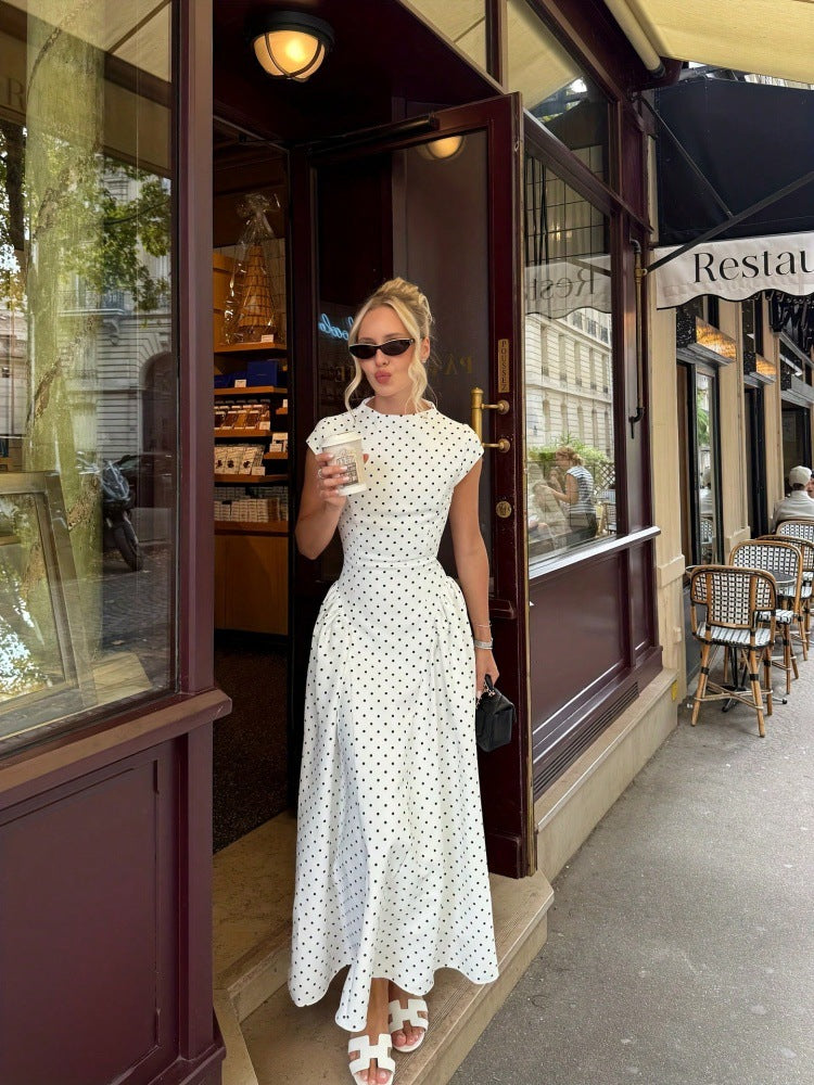 Cap-Sleeve Polka Dot Maxi Dress in White — on model