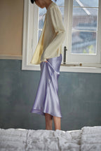 Satin Midi Slip Skirt — on model