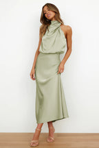 Satin Halter Midi Dress — on model