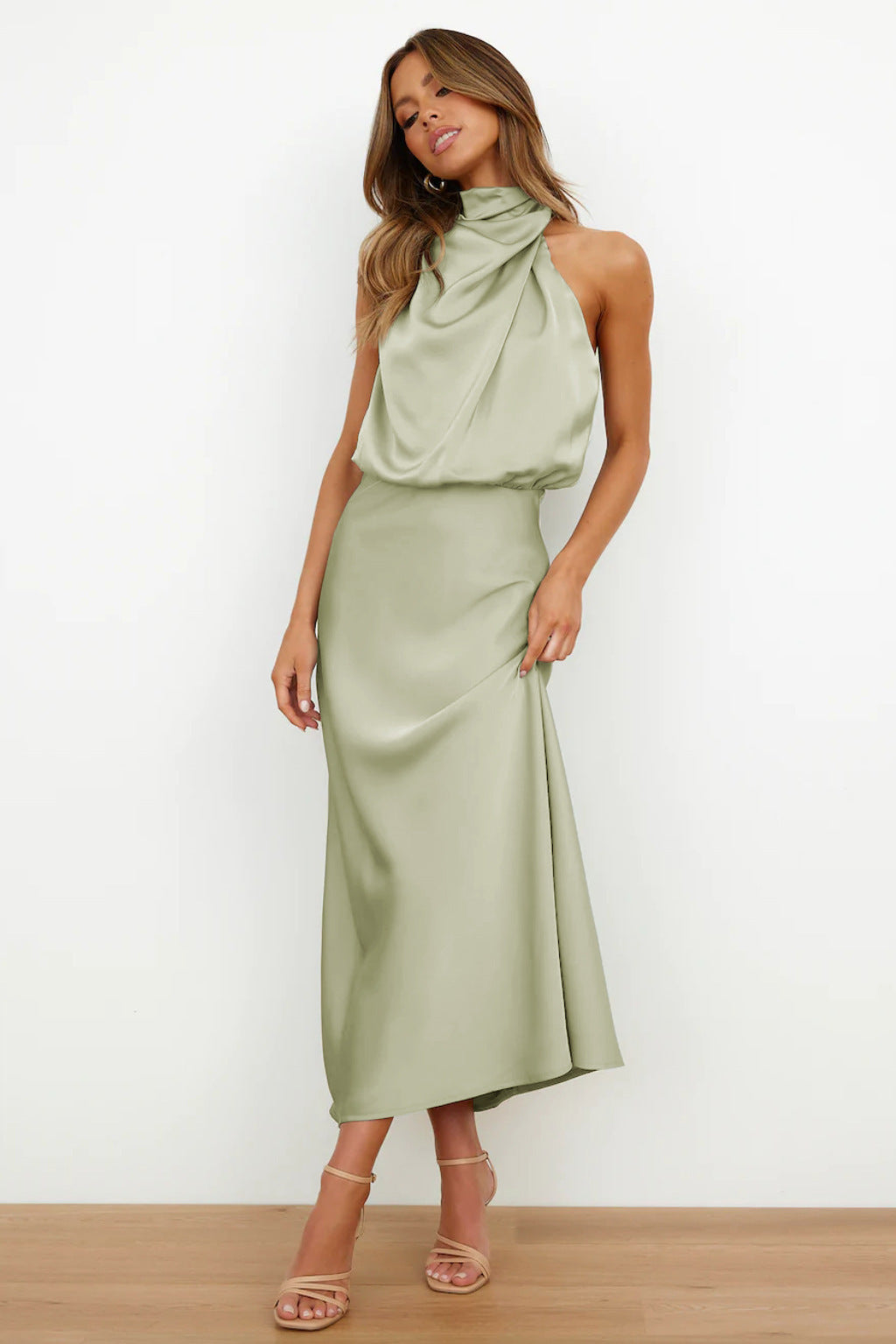 Satin Halter Midi Dress — on model