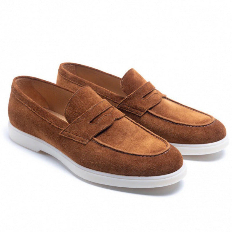White-Sole Suede Penny Loafers in Tobacco — still life