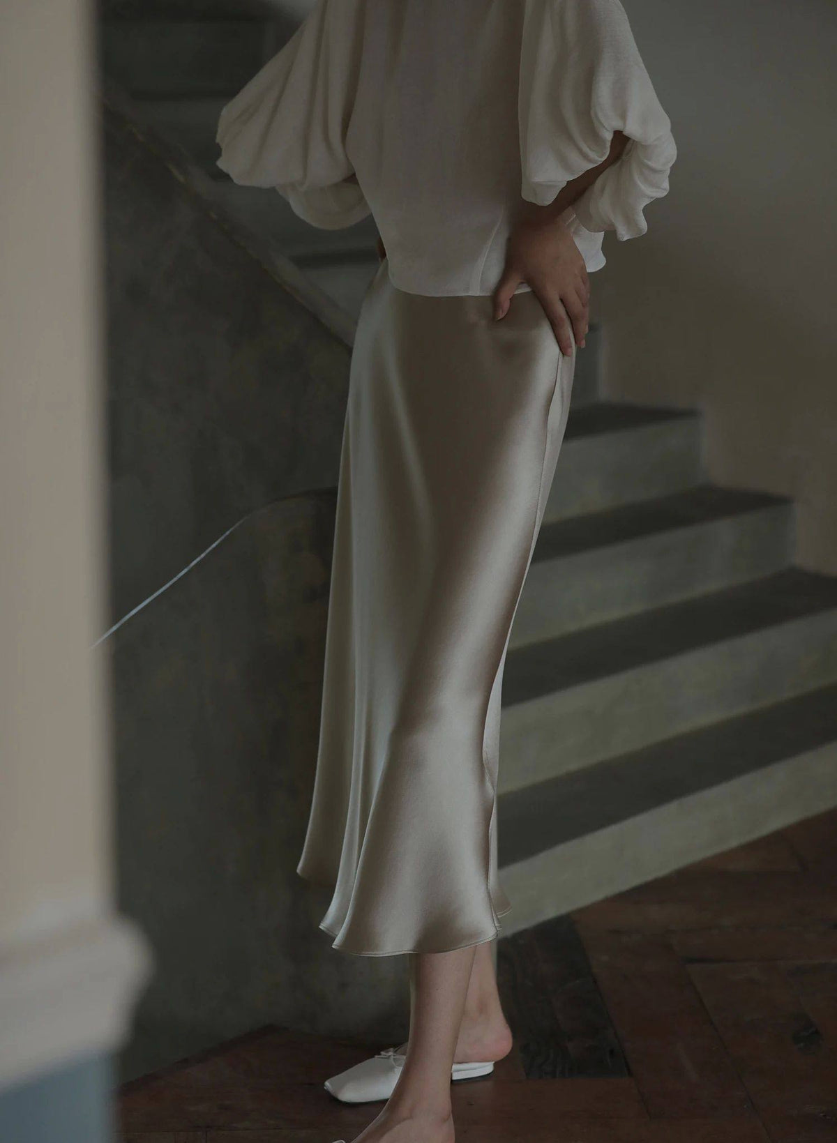Satin Midi Slip Skirt — on model