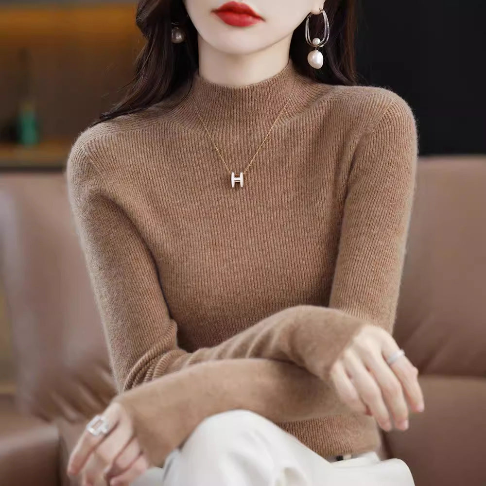 Seamless Half-Turtleneck Wool Sweater Women Slim-Fit Knitted Pullover