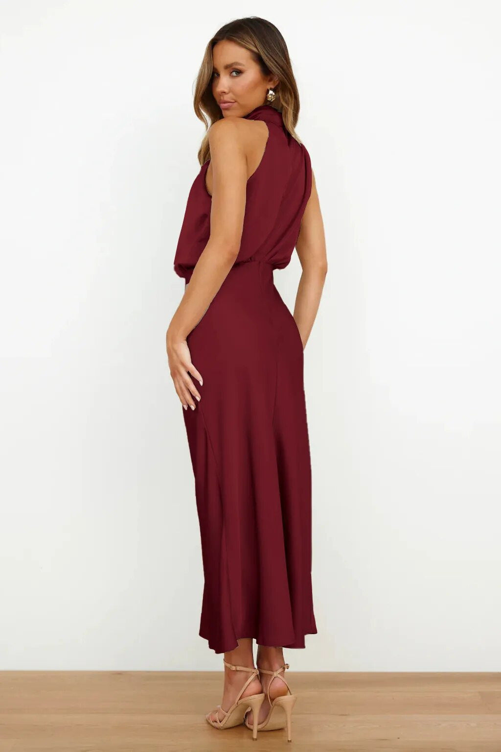 Satin Halter Midi Dress — back view