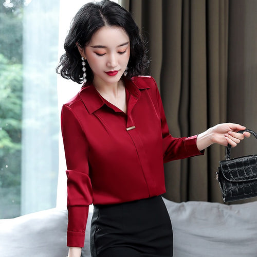 Bar-Accent Satin Blouse in Wine — on model